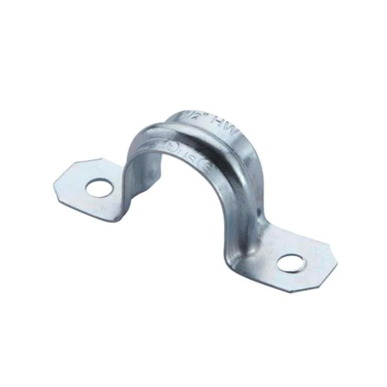 A 1/2 in. EMT 2-Hole Strap by Go Build, The Fastest Way To Build, is arched in the center and silver. Made of zinc-plated steel, it securely fastens pipes or cables to flat surfaces.